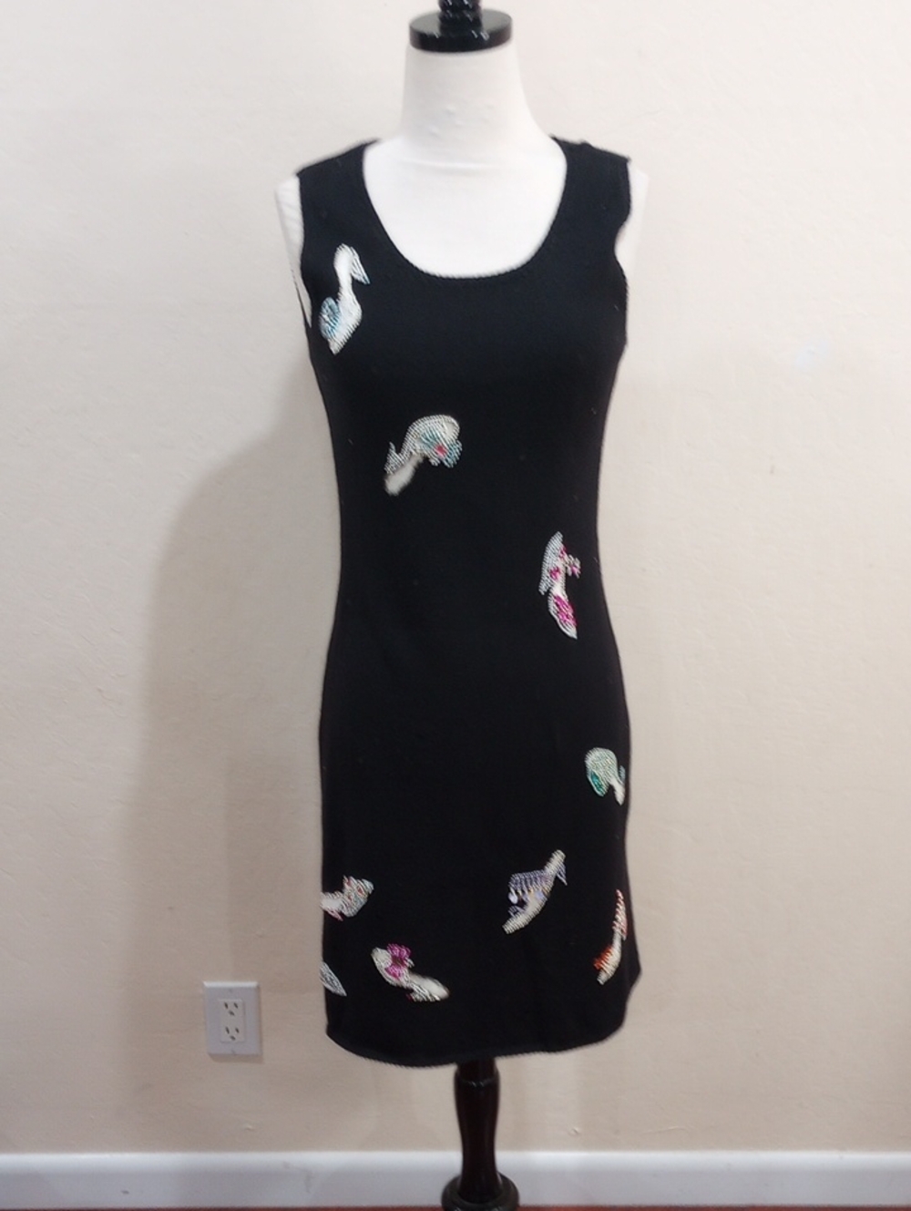 Michael Simon Black Beaded High Heel Shoe Applique Knit Dress, Size PS